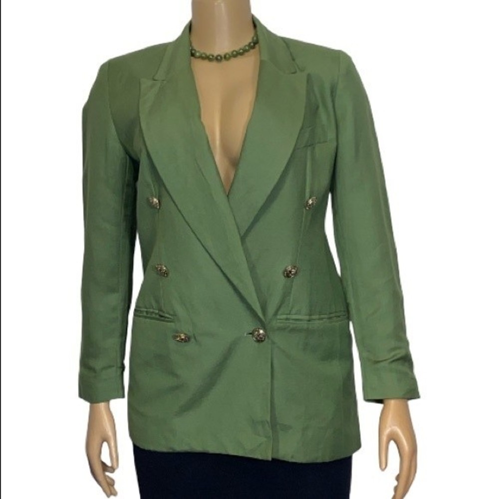 ADOLFO STUDIO Double Breasted Blazer Linen Blend Apple Green Size 4P